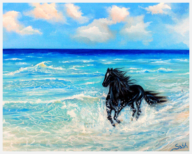 Black Horse Running in Waves