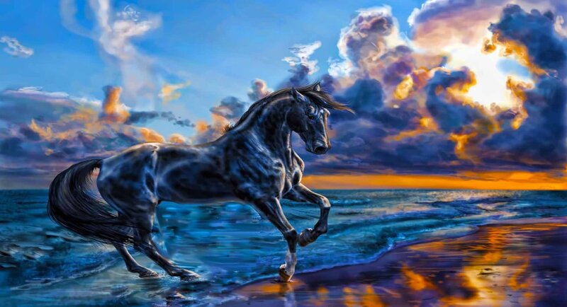 Black Horse Running on Beach — Blue