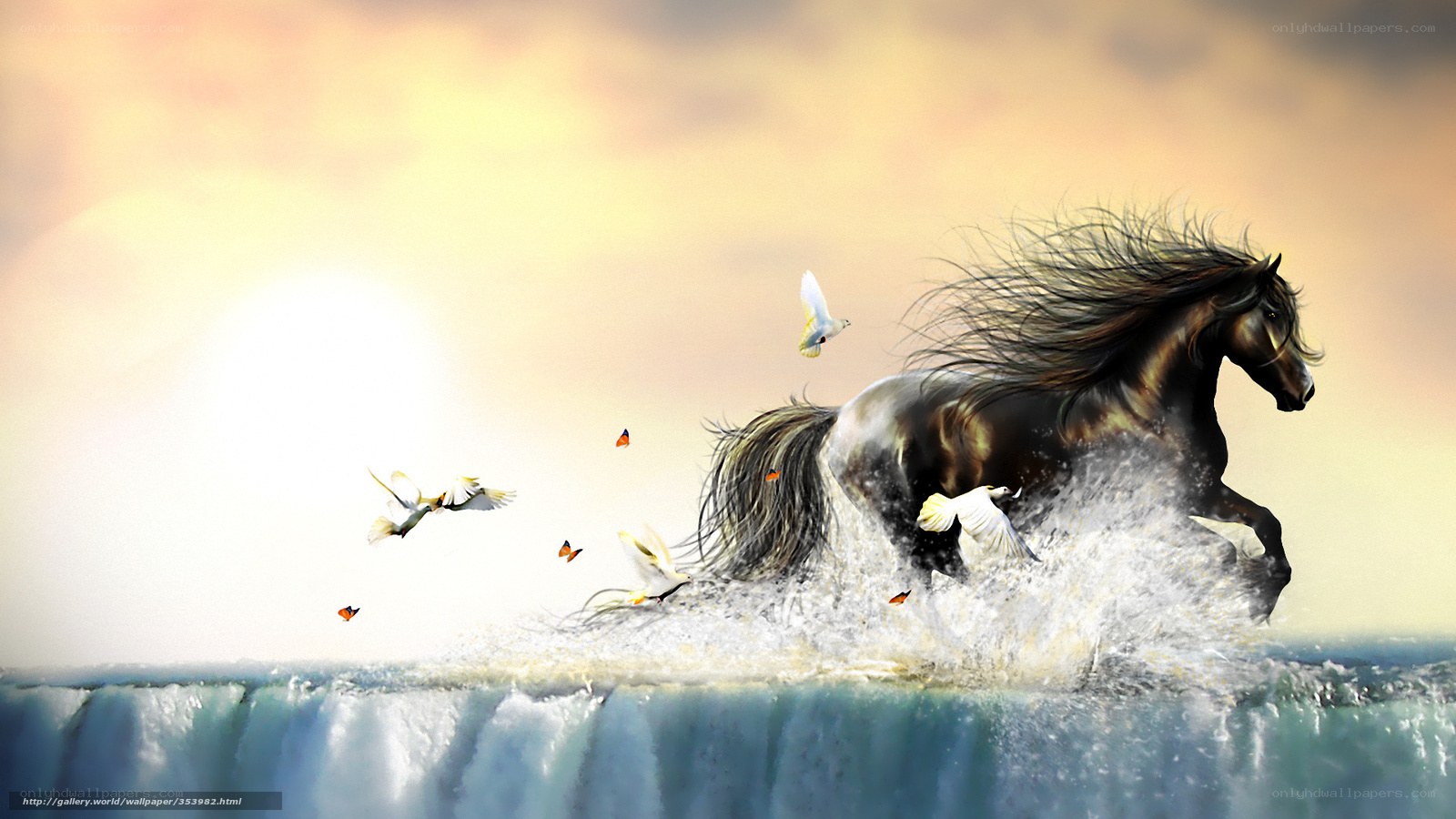 Black horse running on waterfall
