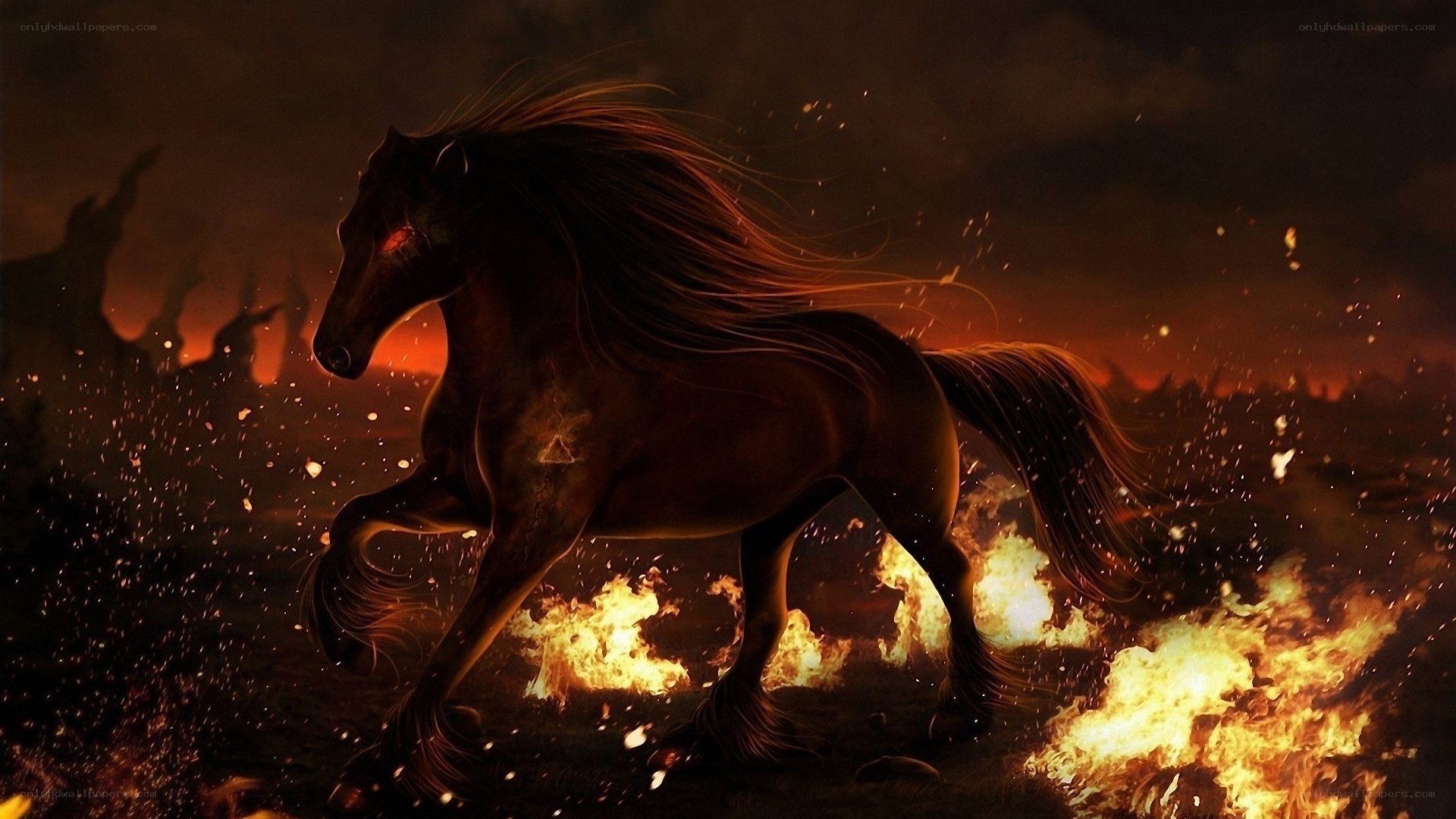 Black horse running through fire