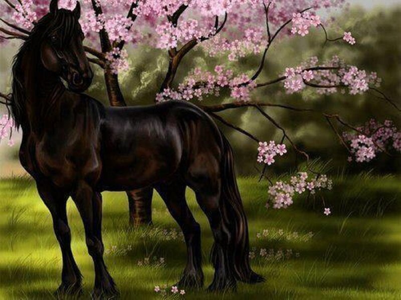 Black Horse under Blossoms — Green