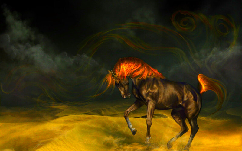 Black Horse with Fiery Mane