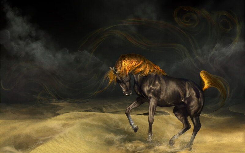 Black Horse with Golden Mane — Dramatic, Night
