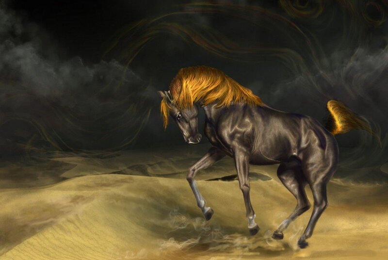Black Horse with Golden Mane — Dramatic