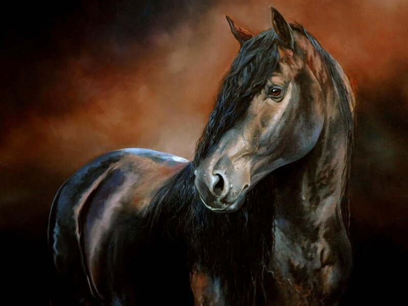 Black Horse with Mane — Brown
