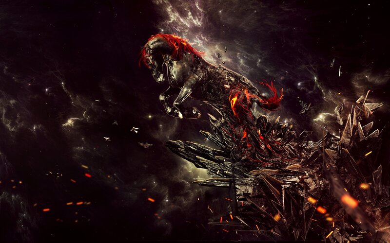 Black Horse with Red Mane — Dramatic, Night, Digital Art, Space