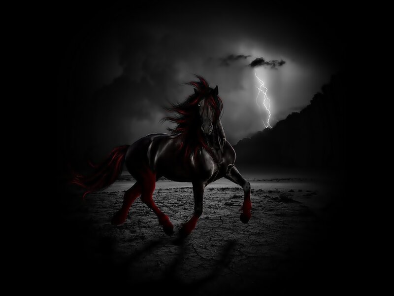 Black Horse with Red Mane — Dramatic, Night, Digital Art