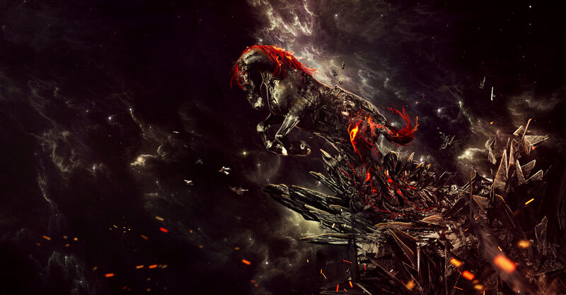 Black Horse with Red Mane — Dramatic, Night