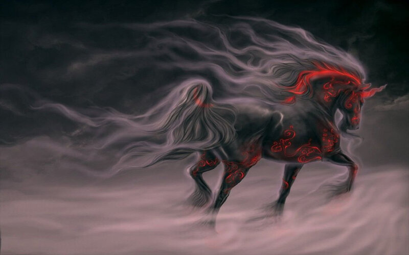 Black Horse with Red Markings — Dramatic, Digital Art, Smoke