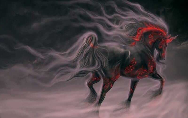 Black Horse with Red Markings — Dramatic, Digital Art