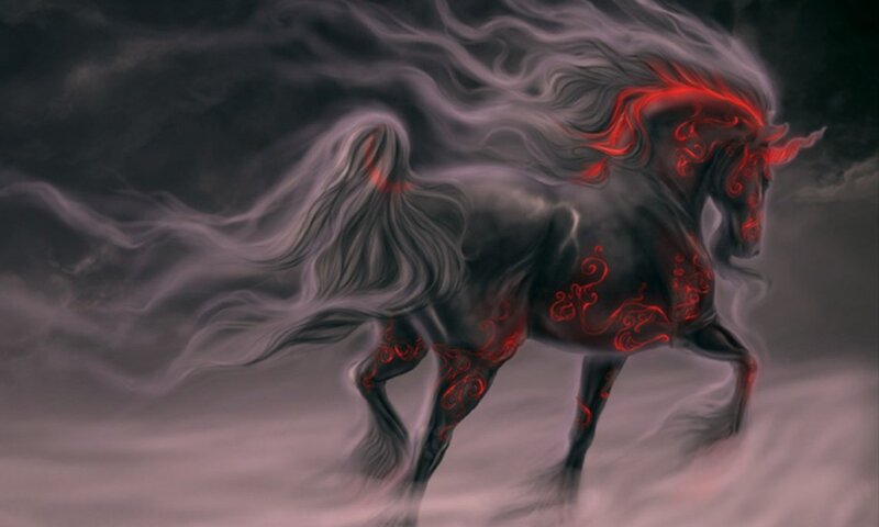 Black Horse with Red Markings — Dramatic
