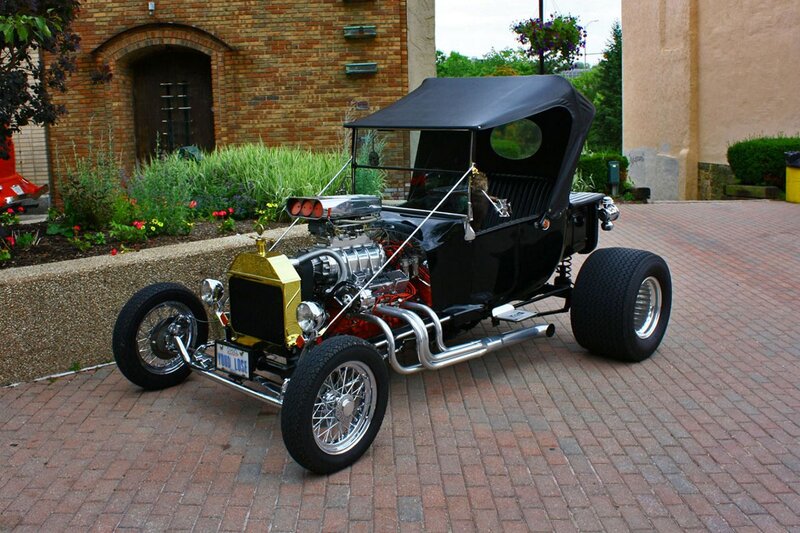 Black Hot Rod Car — Calm, Afternoon, Photograph, Brick Building