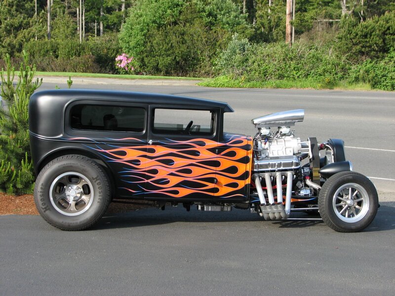Black Hot Rod Car — Calm, Afternoon, Photograph, Flame Decals, Exposed Engine