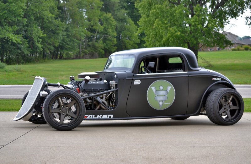 Black Hot Rod Car — Calm, Afternoon, Photograph, Trees, Grass, House