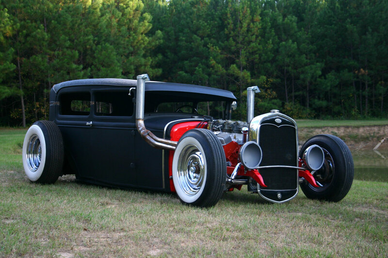 Black Hot Rod Car — Calm, Afternoon, Photograph, Trees, Grass, Pond