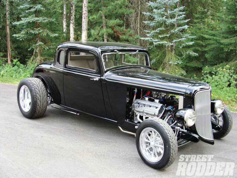 Black Hot Rod Car — Calm, Afternoon, Photograph, Trees, Road