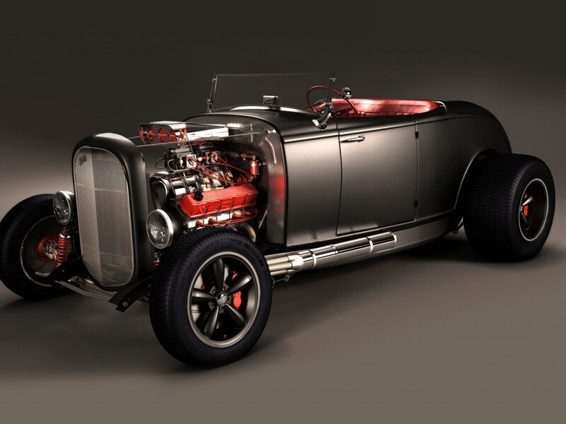 Black Hot Rod Car — Dramatic, 3d Render, Engine, Red Interior
