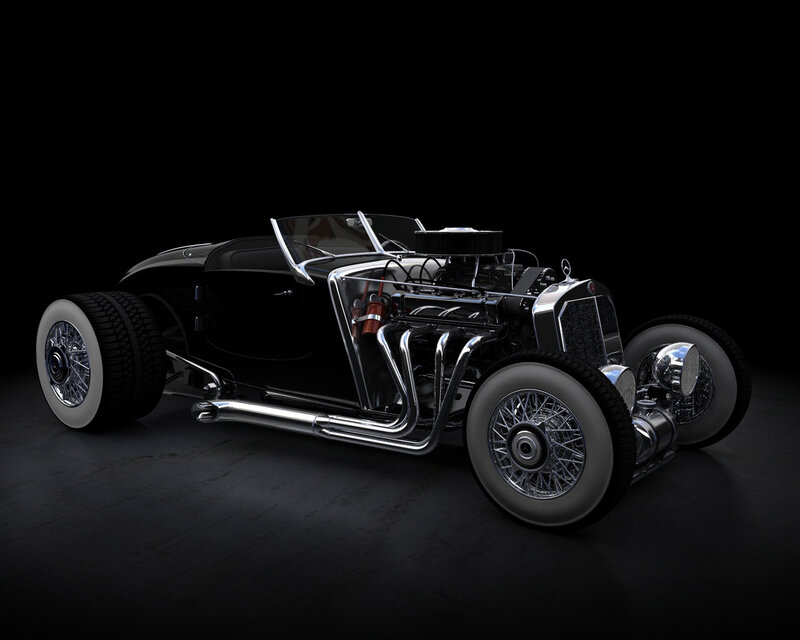 Black Hot Rod Car — Dramatic, 3d Render, Engine, Spoked Wheels
