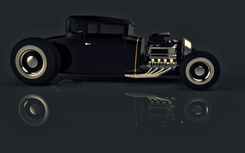Black Hot Rod Car — Dramatic, 3d Render, Engine, Wheels