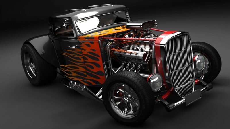 Black Hot Rod Car — Dramatic, 3d Render, Flame Decals