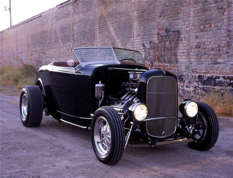 Black Hot Rod Car — Dramatic, Afternoon, Photograph, Brick Wall
