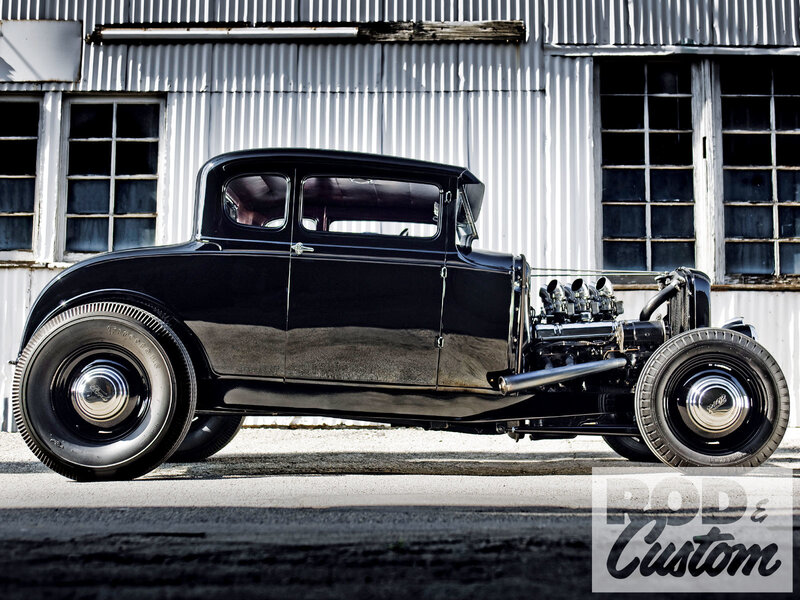 Black Hot Rod Car — Dramatic, Afternoon, Photograph, Building