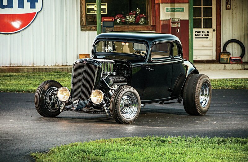Black Hot Rod Car — Dramatic, Afternoon, Photograph, Gas Station