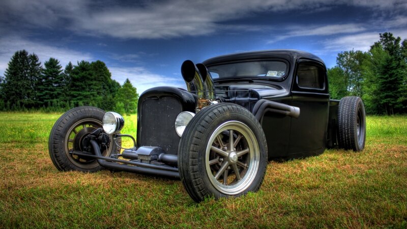 Black Hot Rod Car — Dramatic, Afternoon, Photograph, Grass Field