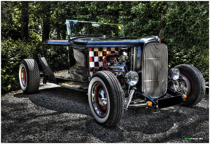 Black Hot Rod Car — Dramatic, Afternoon, Photograph, Trees, Gravel