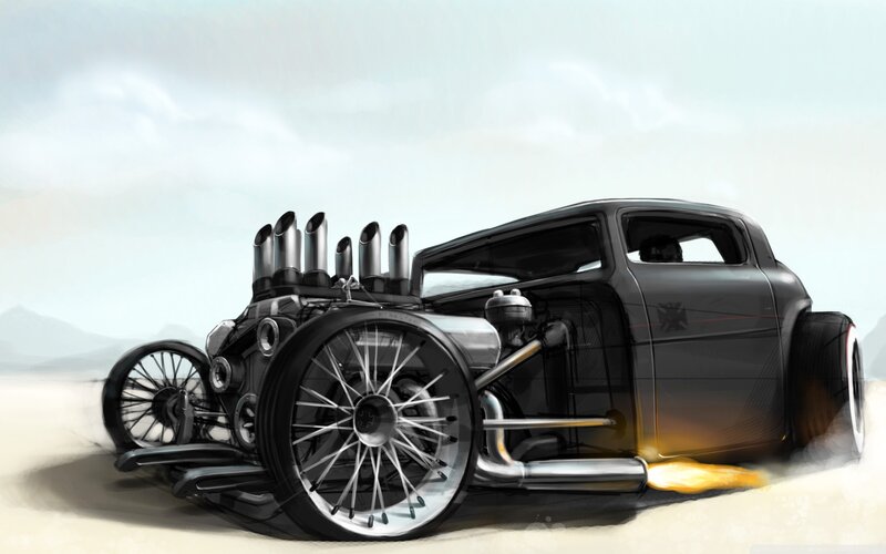 Black Hot Rod Car — Dramatic, Digital Art, Exhaust Pipes