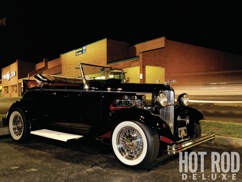 Black Hot Rod Car — Dramatic, Night, Photograph, Building