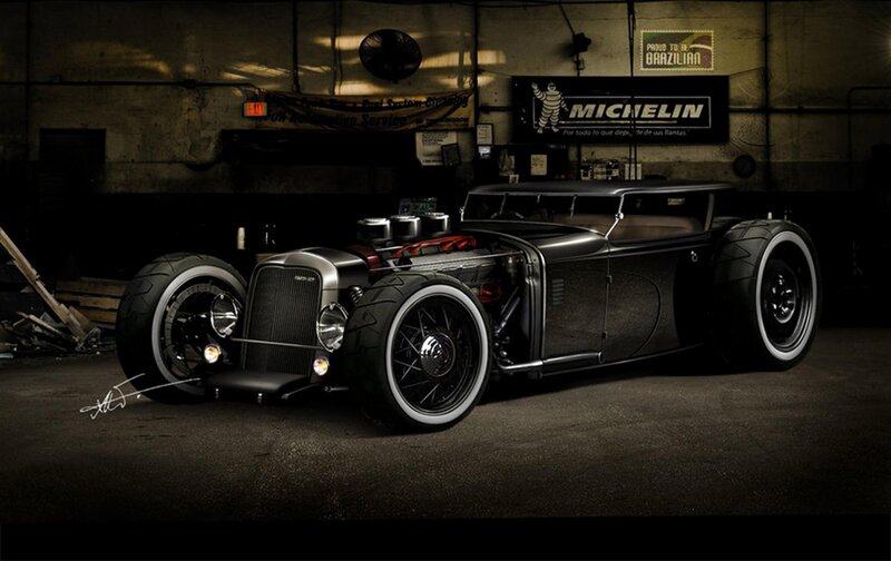 Black Hot Rod Car — Dramatic, Night, Photograph, Garage