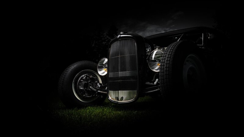 Black Hot Rod Car — Dramatic, Night, Photograph, Grass