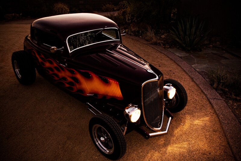 Black Hot Rod Car — Dramatic, Night, Photograph