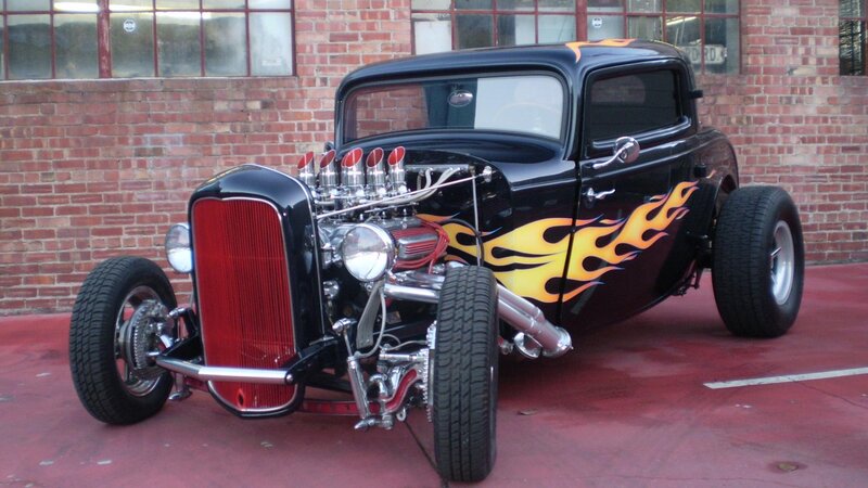 Black Hot Rod Car — Dramatic, Photograph, Brick Wall