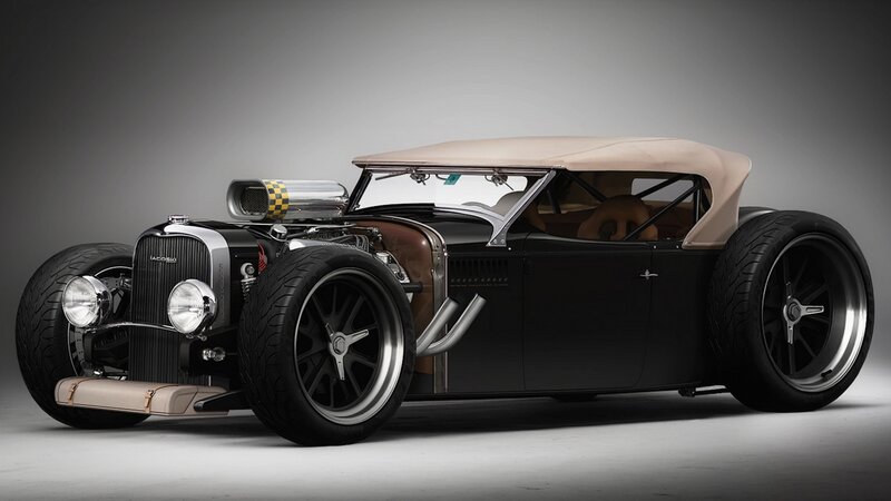 Black Hot Rod Car — Dramatic, Photograph, Convertible, Exposed Engine