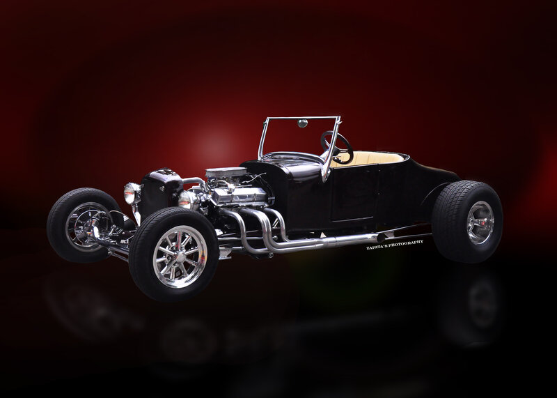 Black Hot Rod Car — Dramatic, Photograph, Engine, Chrome Wheels