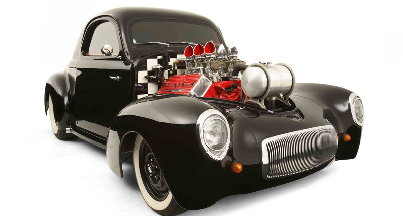 Black Hot Rod Car — Dramatic, Photograph, Engine, Grille, Headlights