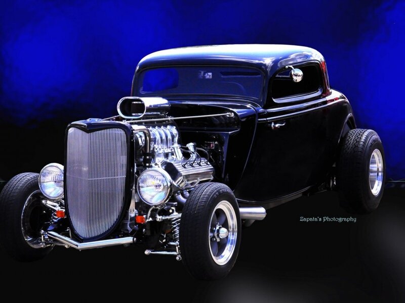 Black Hot Rod Car — Dramatic, Photograph, Engine, Grille, Wheels