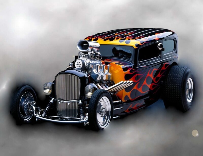 Black Hot Rod Car — Dramatic, Photograph, Flames