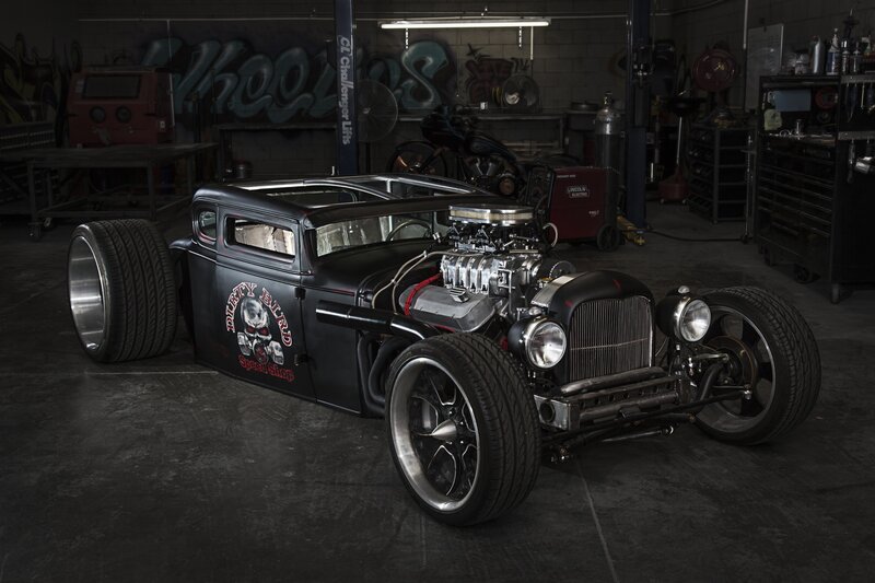Black Hot Rod Car — Dramatic, Photograph, Garage