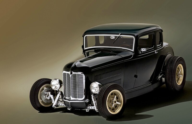 Black Hot Rod Car — Dramatic, Photograph, Grille, Headlights, Wheels