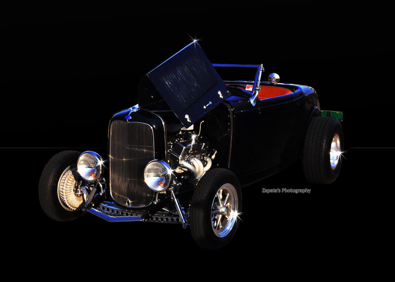 Black Hot Rod Car — Dramatic, Photograph, Open Hood