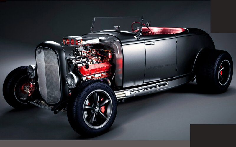 Black Hot Rod Car — Dramatic, Photograph, Red Engine