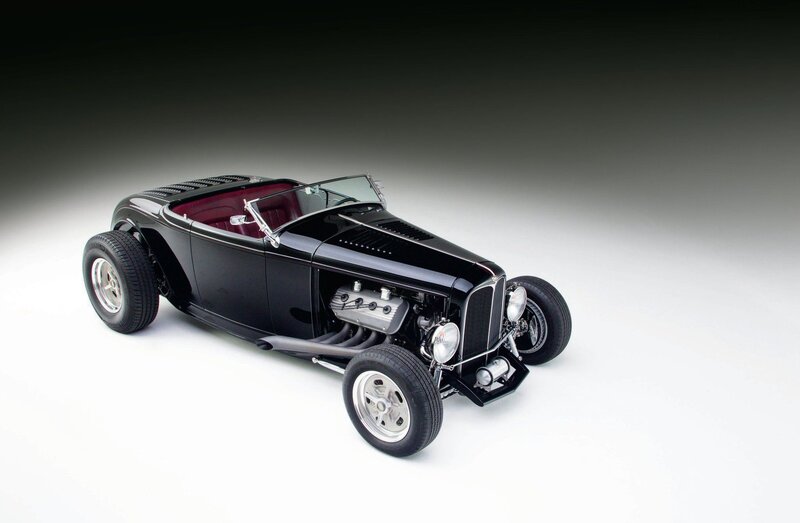 Black Hot Rod Car — Dramatic, Photograph, Red Interior, Exposed Engine