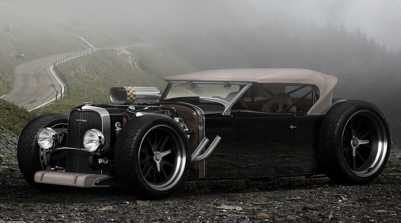 Black Hot Rod Car — Dramatic, Photograph, Road, Mountain