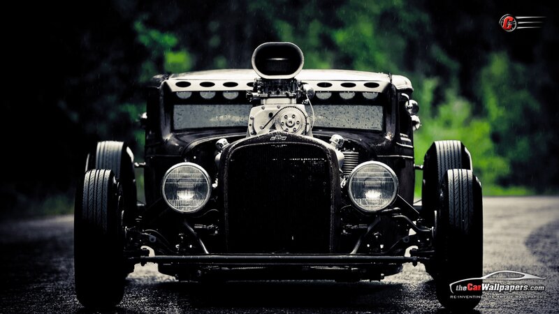Black Hot Rod Car — Dramatic, Photograph, Road, Trees