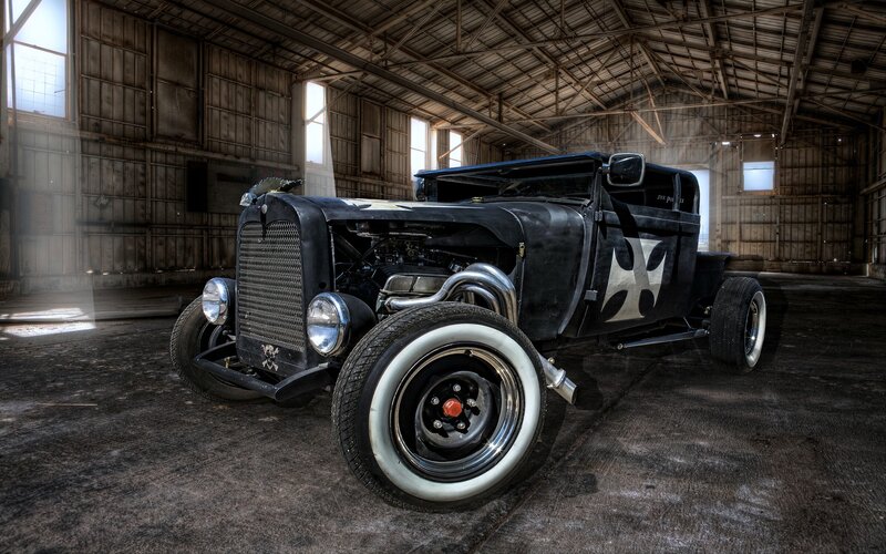 Black Hot Rod Car — Dramatic, Photograph, Warehouse