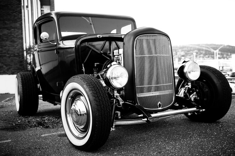 Black Hot Rod Car — Dramatic, Photograph, White Wall Tires