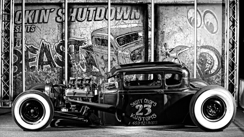 Black Hot Rod Car — Dramatic, Photograph, White-walled Tires, Exposed Engine